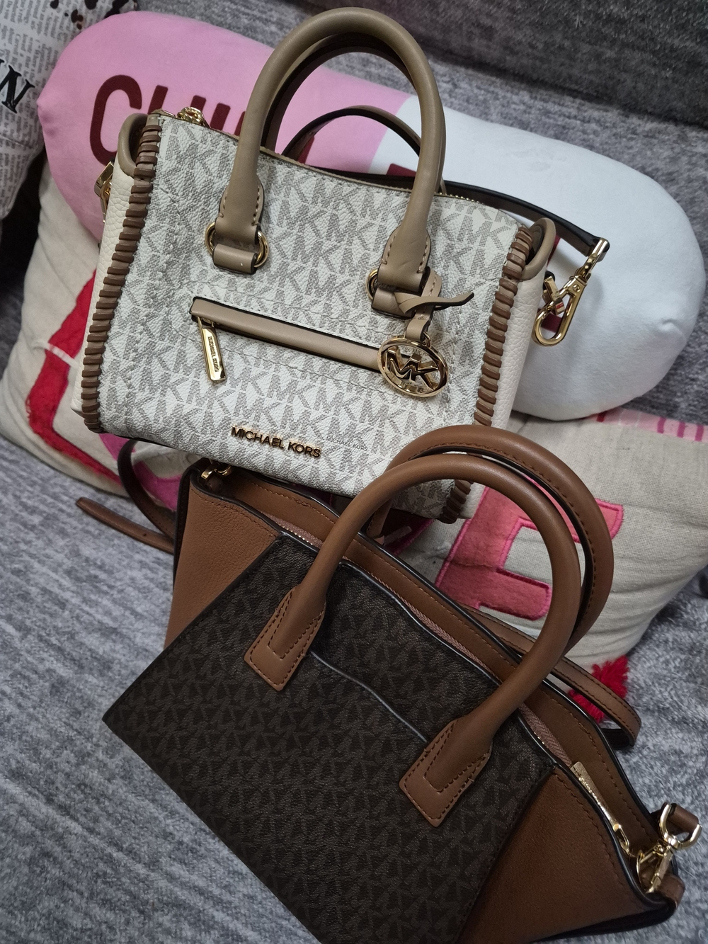 Michael Kors Cream Logo Satchel with Tan Trim Duo